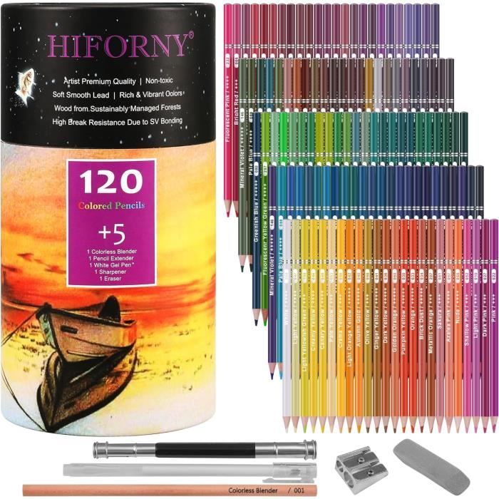 HIFORNY Lot de 125 crayons de couleur pour adultes - 120 crayons