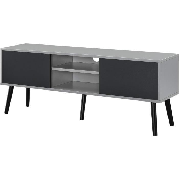 Meuble TV Design Effet Béton Noir - 120x30x47cm Avec 2 Portes Et 2 Étagères - Pieds En Bois