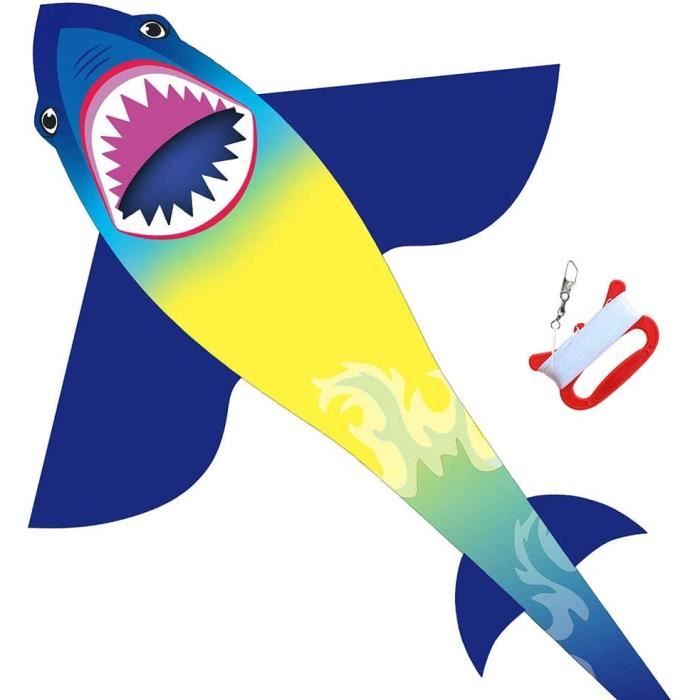 Grand Cerf-volant Requin 190x115 Cm – Facile à Monter, Queue Longue, Corde 50 M, Sac De Rangement – Pour Enfants Et Adultes, Vol Dès 8 Km/h De Vent