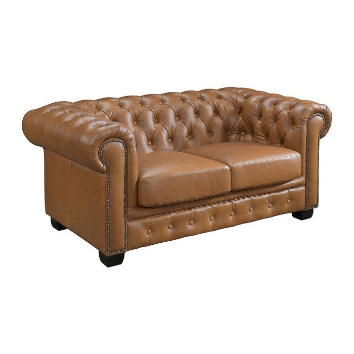 Canap&eacute; chesterfield 2 places BRENTON 100% cuir de buffle - Caramel vintage