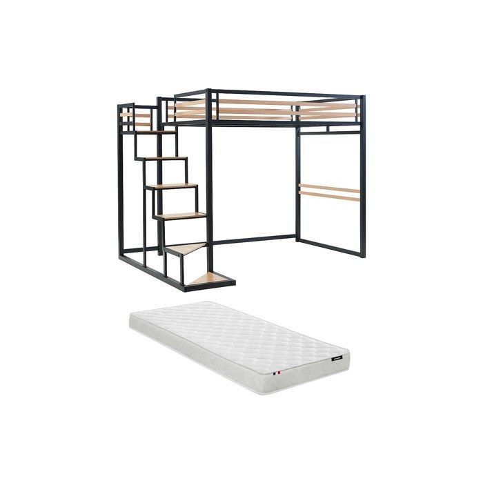 Lit mezzanine 140 x 200 cm - Métal et MDF - Noir et naturel + Matelas - JOGUI