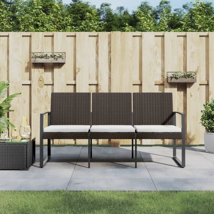 "promo"banc de terrasse lmt - banc de jardin à 3 places avec coussins marron pp rotin 12,69kg