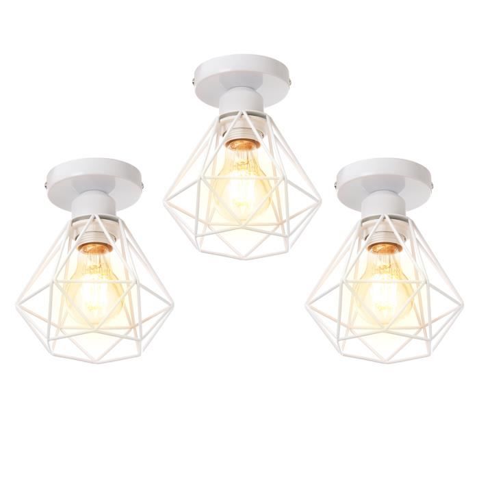 UNI 3 Pack Plafonnier Cage Diamant E27 16cm Rétro Industrielle Lustre Suspension pour Couloir Escalier Chambre Blanc