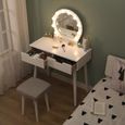 BUL Coiffeuse Blanc, miroir avec LED, 2 tiroirs, tabouret, 80 x 40 x 130 cm, pieds en bois massif-1