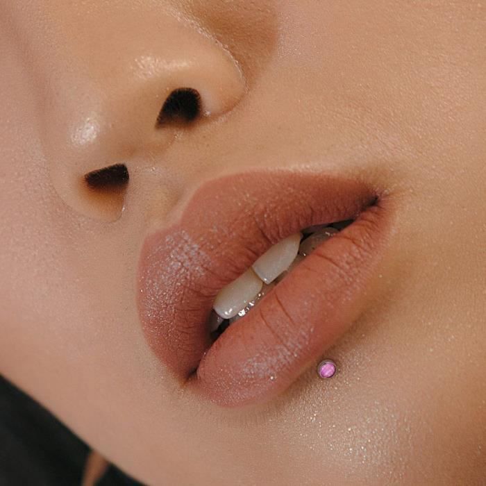 Piercing labret Bioflex T flon pierre lumineuse rose 6 mm 3 mm