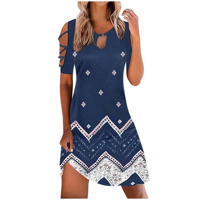 Robe courte decontracte sexy coupe amincissante enveloppe imprime manches courtes epaule froide mini robe balancoire 1354 Marine Cdiscount Pret a Porter