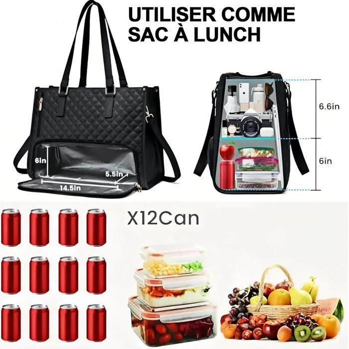 Sac fourre-tout 2 en 1 pour femme, sac pour ordinateur portable de 15,6 pouces avec compartiment à déjeuner isotherme, sac à main d'ordinateur matelassé de grande capacité avec sac à main pour