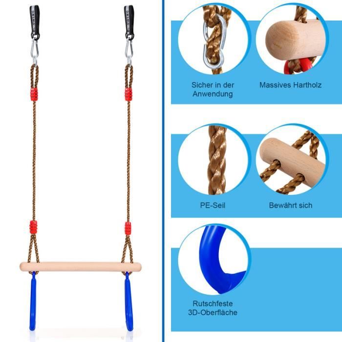PELLOR Balançoire trapézoïdale multifonction en bois pour enfant avec anneaux en plastique (jaune PELLOR Balançoire trapézoïdale multifonction en bois pour enfant avec anneaux en plastique (jaune