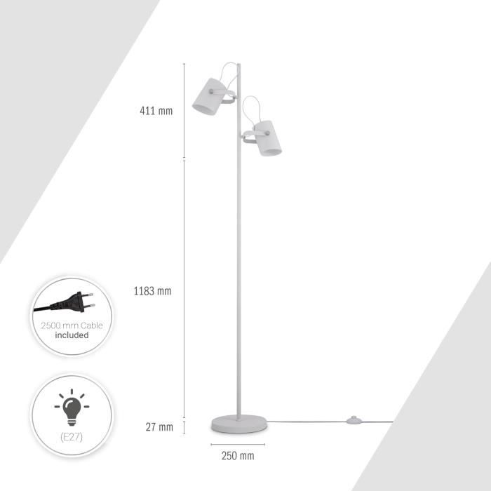 Lampadaire LED FIRVRE Rétro Orientable - 3 En 1 (Pied, Bureau, Clip), Métal Noir, Ampoule E27 Non Incluse