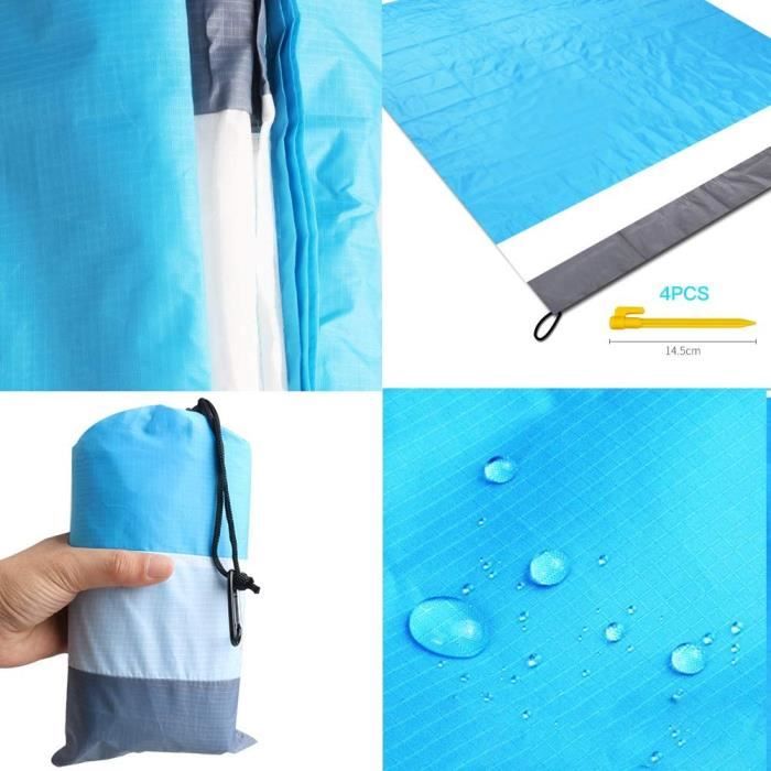 Tapis De Plage 200 X 210 Cm Anti Sable Imperméable - Séchage Rapide Avec 4 Piquets, Bleu/Gris