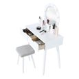 BUL Coiffeuse Blanc, miroir avec LED, 2 tiroirs, tabouret, 80 x 40 x 130 cm, pieds en bois massif-3