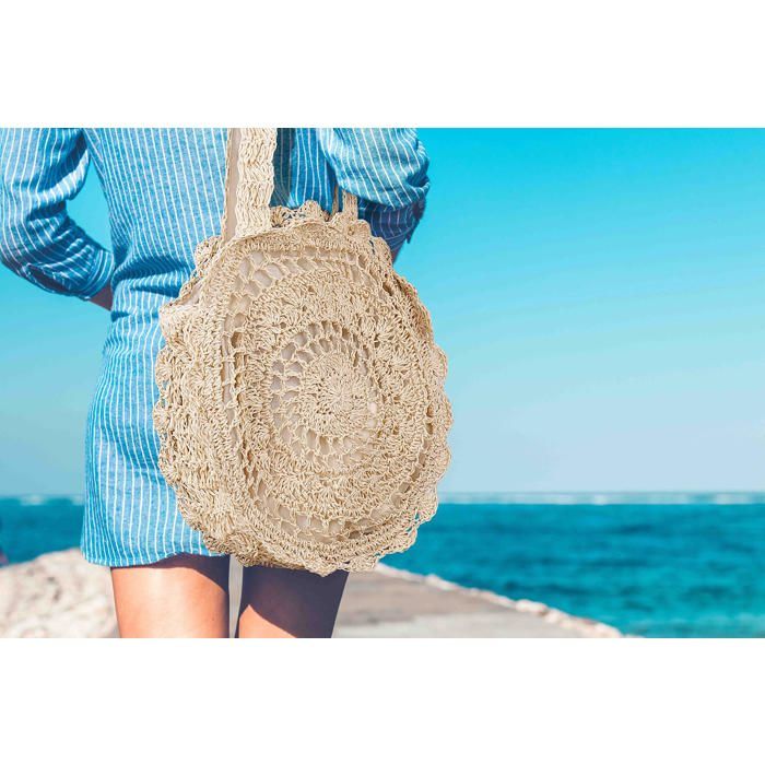 Sac de Paille Rond Sac à Bandoulière en Paille Tissé avec Bandoulière Non Amovible Sac de Plage