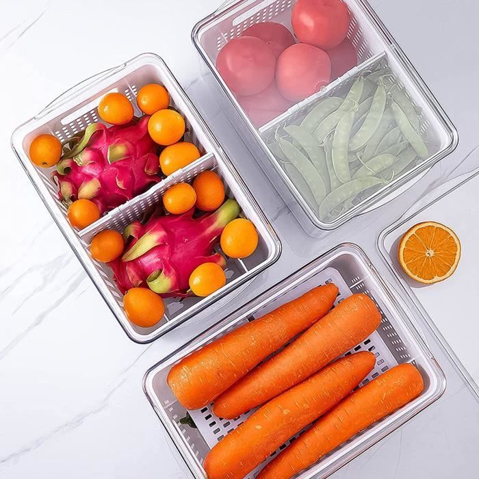 TBMax Lot de 3 boîtes de conservation pour aliments frais pour  réfrigérateur, économiseur de produits en plastique, conteneurs de stockage  pour légumes et fruits avec paniers de drainage – bacs de rangement