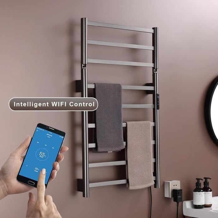 Sèche-Serviettes Électrique Intelligent WiFi 76W - Porte-Serviettes Chauffant Or Brossé 62x50cm Avec Support Pliable - Contrôle Vocal