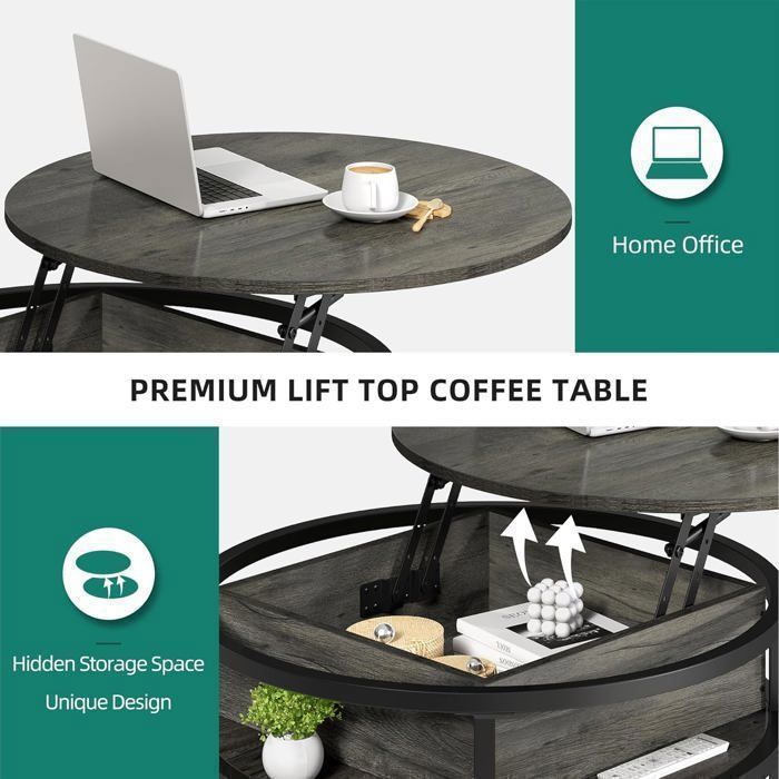 Table Basse Amazon WLIVE Table Basse Relevable Avec Plateau Adjustable - Rangement Cache, Noir Anthracite, 98x48x46-60cm Petite Table Basse