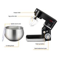 KITYTETY Robot Pâtissier 1600W, Robot pétrin multifonction avec Bol 8 L, Batteur, Fouet, Crochet, 6 Vitesses Robot de cuisine Noir - Electroménager