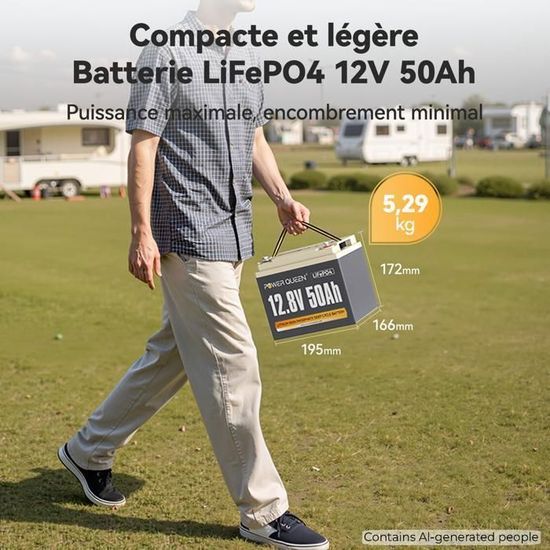 Power Queen Batterie LiFePO4 12V 50Ah - 4000-15000 Cycles - Pour Camping-car, Solaire, Scooter - BMS 50A Intégré