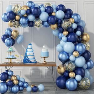 iZoeL Arche Ballon Anniversaire Bleu Or Decoration Anniversaire Homme Femme  Toile Fond 110 * 180cm Nappe Anniversaire Joyeux Anniversaire Ballons