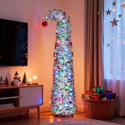 Sapin De Noël 150 Cm Pliable Avec Guirlande LED 150 Lumières - Arbre Pop-Up Décoré - Montage Rapide - Décoration Intérieure Fêtes