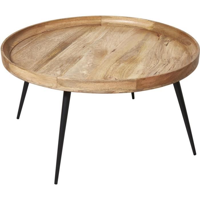 Table basse ZARAGOZA Beige - plateau Bois Mango Massif pieds Metal Noir 85 x 85