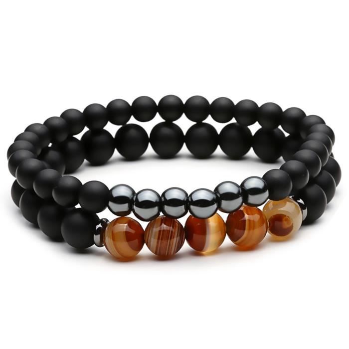 Perles Femmes Onyx 8mm Noir mat Bracelet Set pour le yoga élastique Pierre naturelle Bracelet LPJFA