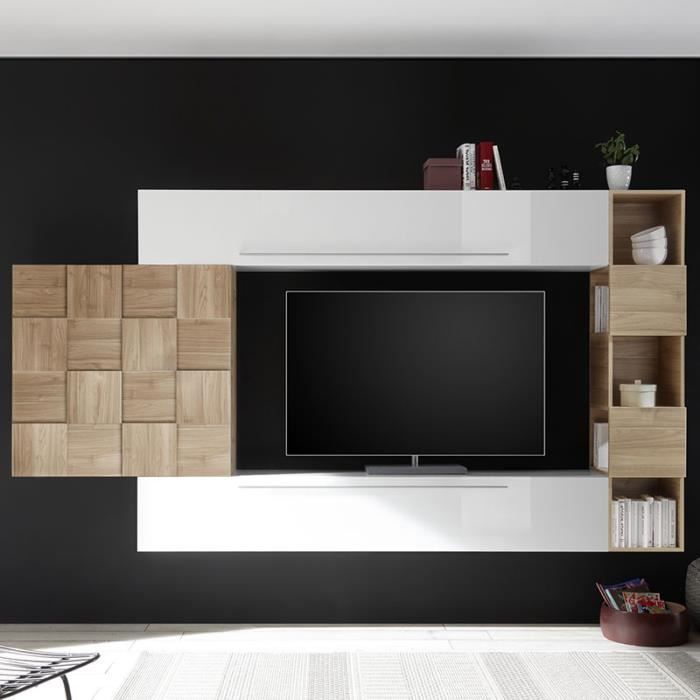 Ensemble meuble TV blanc laqué et couleur bois clair LICATA Blanc L 300 x P 35 x H 200 cm