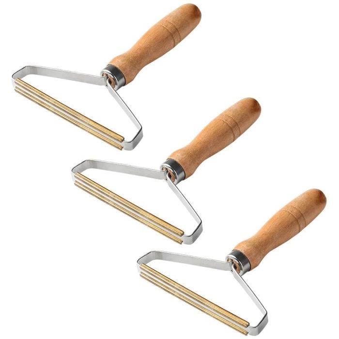 Brosse Manuel Anti Poil, Dissolvant de Charpie avec Manche en Bois,Tête De Brosse en Cuivre, Enleve Peluche-Brosse Poils,3 Pcs