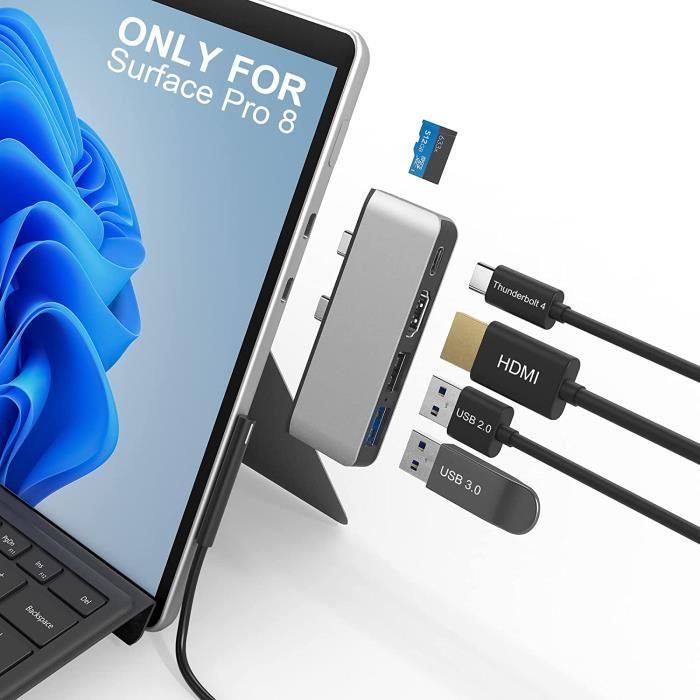 HUB Station d'accueil Surface Pro 8 avec HDMI 4K,USB-C Thunderbolt 4 (Affichage+données+PD),USB 3.0,USB 2.0,TF,Triple Affichage (S