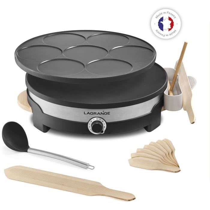 Crêpière LAGRANGE 109 017 Tradi' Duo - Plaques amovibles fonte d'aluminium grande crêpe+7 mini crêpes - 1500W - Thermostat réglable