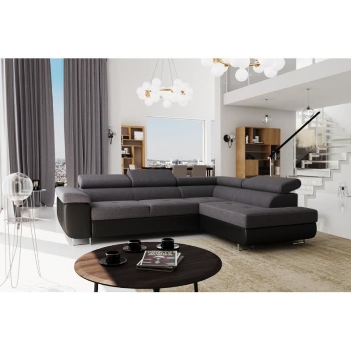 UTON - Canapé d'angle convertible et avec coffre de rangement en angle droit gris et noir
