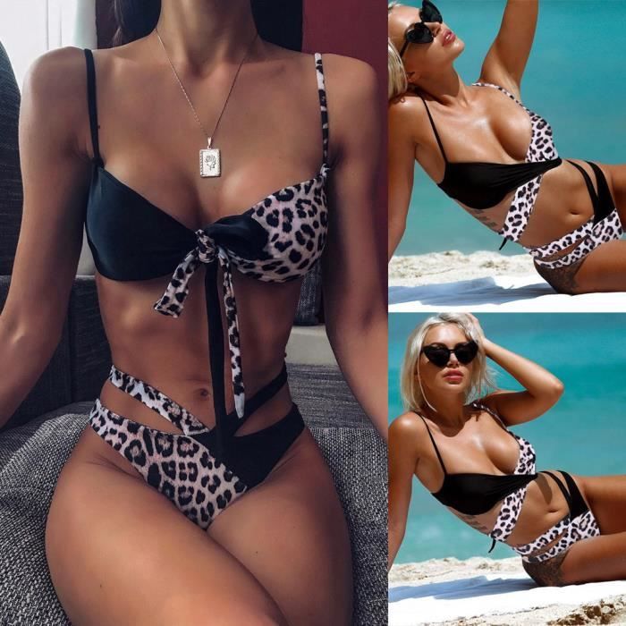 Ensemble de maillot de bain maillot de bain maillot de bain maillot de bain bikini bandage imprimé léopard pour femmes Noir
