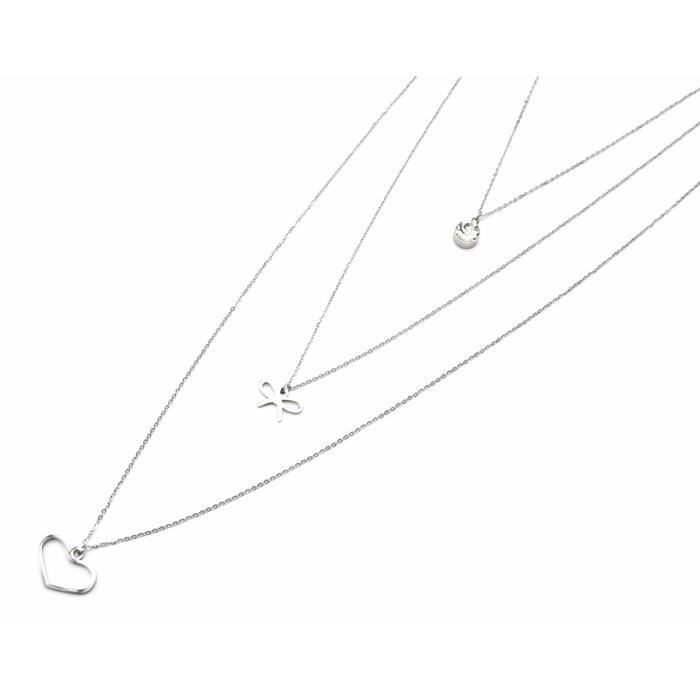 CL1218E - Sautoir Collier Multi-Rangs Pendentifs Pierre Noeud et Coeur Acier Argenté