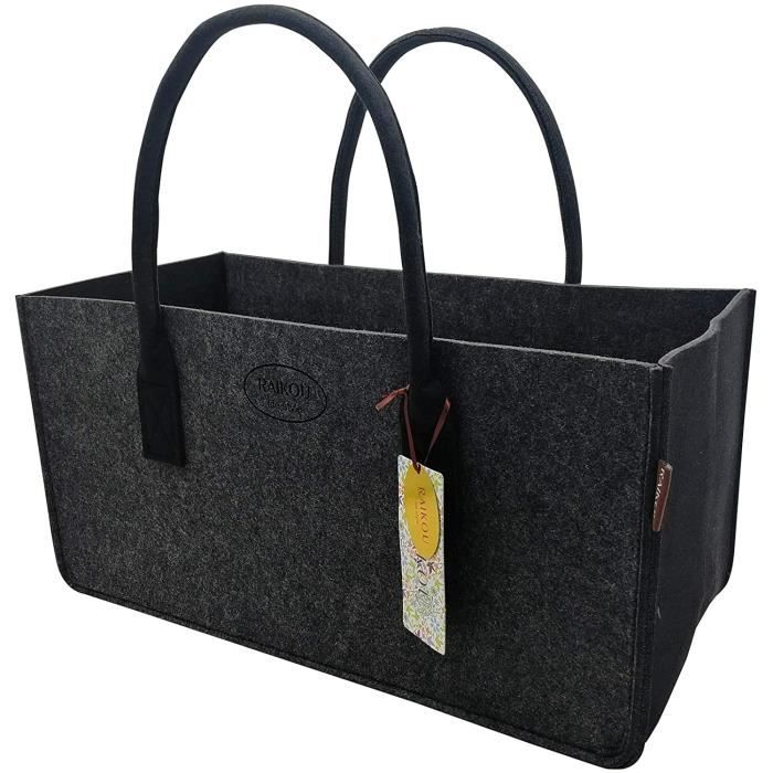 RAIKOU Sac en Feutre,Cabas Courses,Panier Plage Pique-Nique,Sac bûches,Sac bois,Panier Linge,Rangement Jardin,Gris/Noir,50x25x25cm