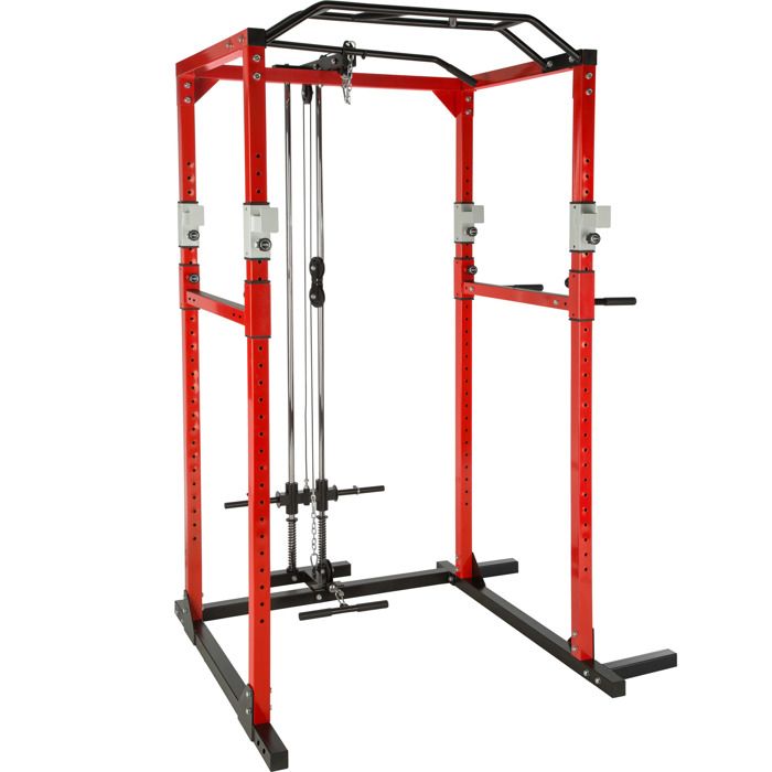 TECTAKE Cage de Musculation Traction Squats Barres pour Dips 136 cm x 142,5 cm x 215 cm Rouge