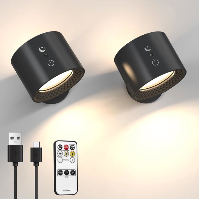 Applique Murale LED Interieur Lot de 2 Lampe Murale Sans Fil avec Télécommande Rotatifs 360° Lampe de Chevet avec Port de Charge