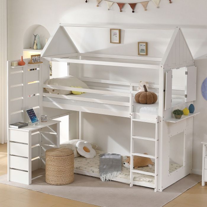 Lit Superposé Enfant Avec Rangements - 90x200 Cm - Blanc Et Rose - Sécurité Barrières Et échelle