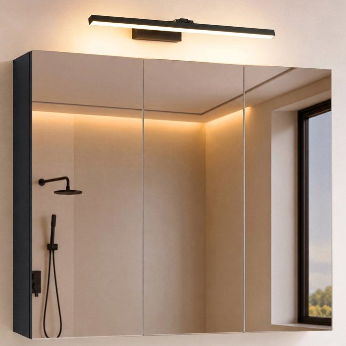 Sogood Armoire Murale Salle de Bains avec Miroir et Lampe Strahlenschön Noir Placard de Rangement Anthracite Mat en Bois 100 cm