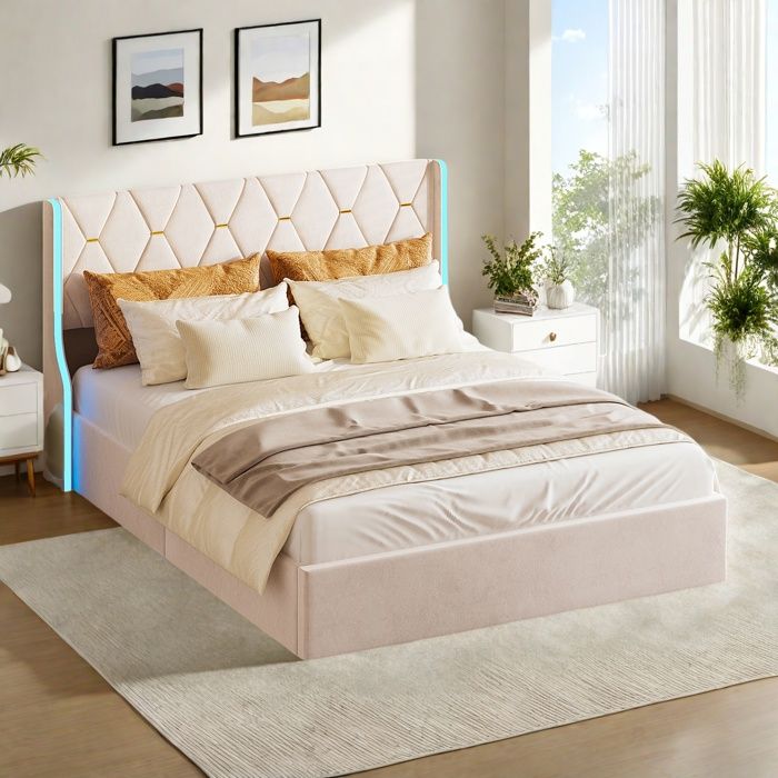 Lit coffre double 160 x 200 cm avec sommier à lattes en velours Lit 160x200 cm avec LED Coffre de rangement Lit adulte Beige