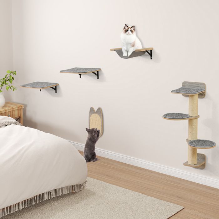 Comparer les prix de GOPLUS Arbre à Chat Mural Tour Murale pour Chats à 4 Niveaux avec Griffoir Hamac et 2 Plates-formes Centre dActivités