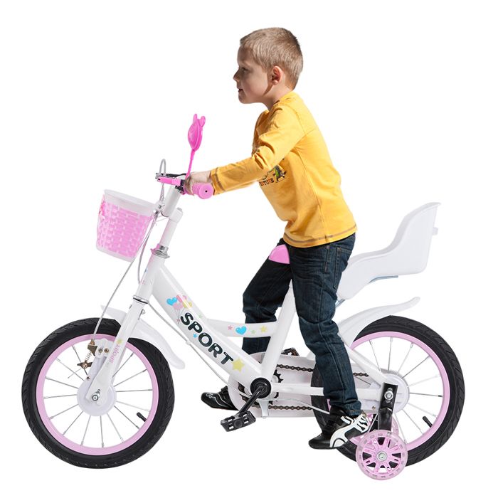 Vélo Enfant 14 Pouces – Roues Stabilisatrices – Siège Arrière Et Panier – Réglable – Pour 3 à 7 Ans – Blanc/noir – Sécurisé