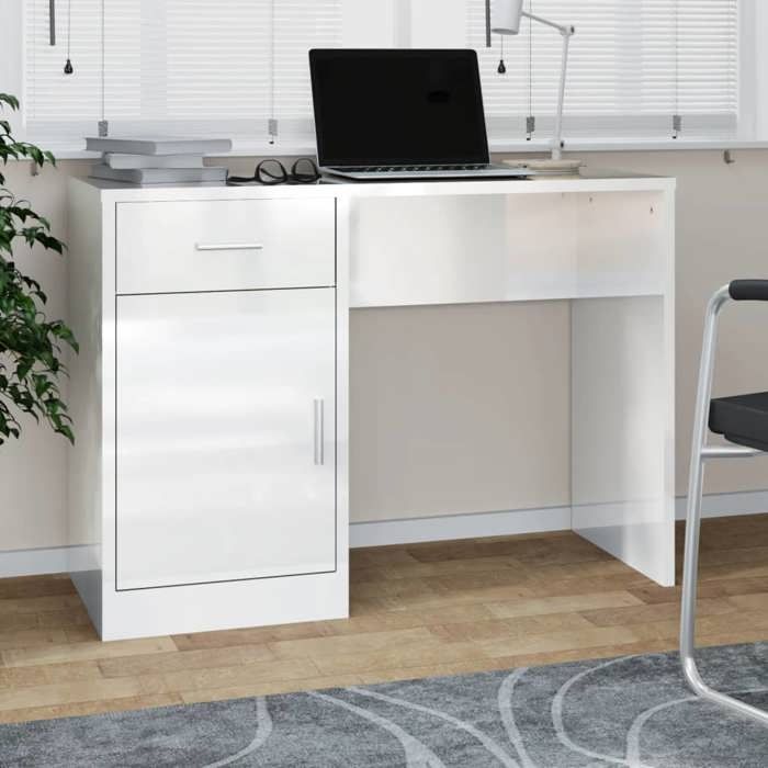 SALE 2025Bureau informatique multimédia - Bureau avec tiroir et armoire - Blanc brillant - 100x40x73 cm2275 Kg 1159