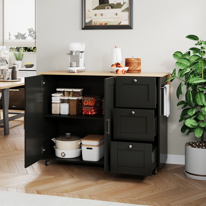 Îlot de Cuisine Desserte Cuisine Meuble avec Plateau Rabattable 3 Tiroirs Étagère Réglable et Porte-Serviettes Noir Îlot de Cuisine Desserte Cuisine Meuble avec Plateau Rabattable 3 Tiroirs Étagère Réglable et Porte-Serviettes Noir