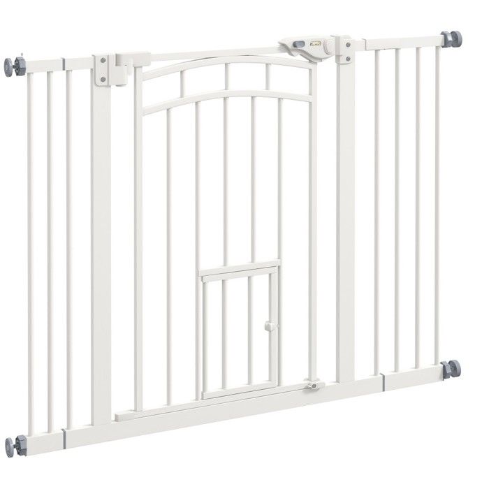 Meilleurs prix pour Barrière descalier blanche 74-100 cm avec fermeture automatique et chatière - Sécurité enfants et chiens sans perçage