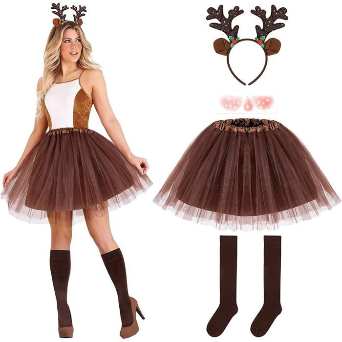 Costume Renne Femme – Bandeau Bois, Jupe Tutu, Chaussettes – Noël, Halloween, Carnaval