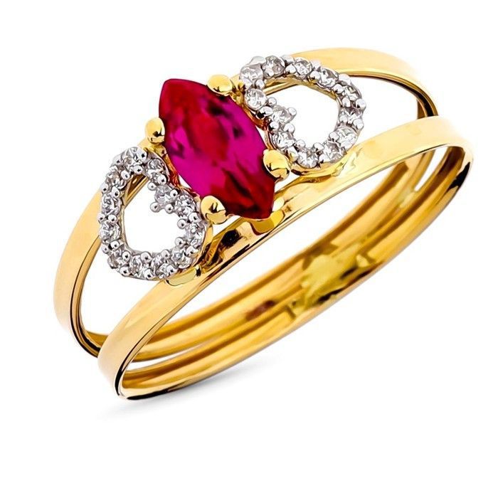 Bague en or jaune 9 carats avec deux anneaux de zircon cubique rouge marquise combinés largeur maximale de 8 mm.