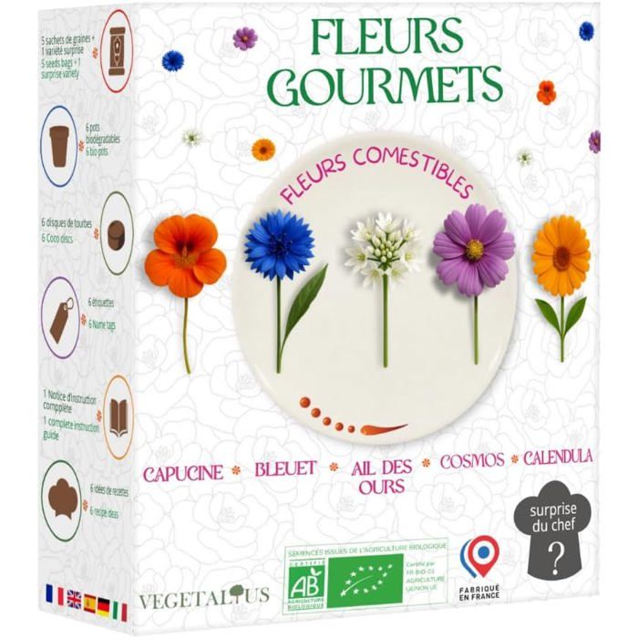Kit fleurs comestibles à cultiver  Graines bio françaises (Calendula Bleuet Cosmos Capucine Ail des Ours) + La surprise du chef