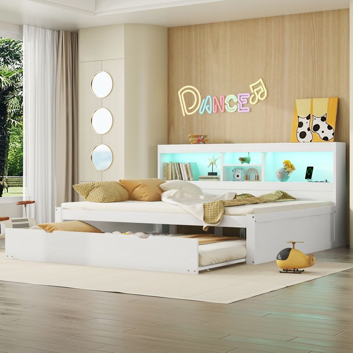 Lit avec rangement 140x200 cm en blanc avec éclairage LED commandé et lit gigogne extensible – Design multifonction