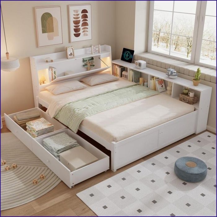 Lit Double Bois 140x200cm - Rangements 2 Lampes & Prise USB - Blanc