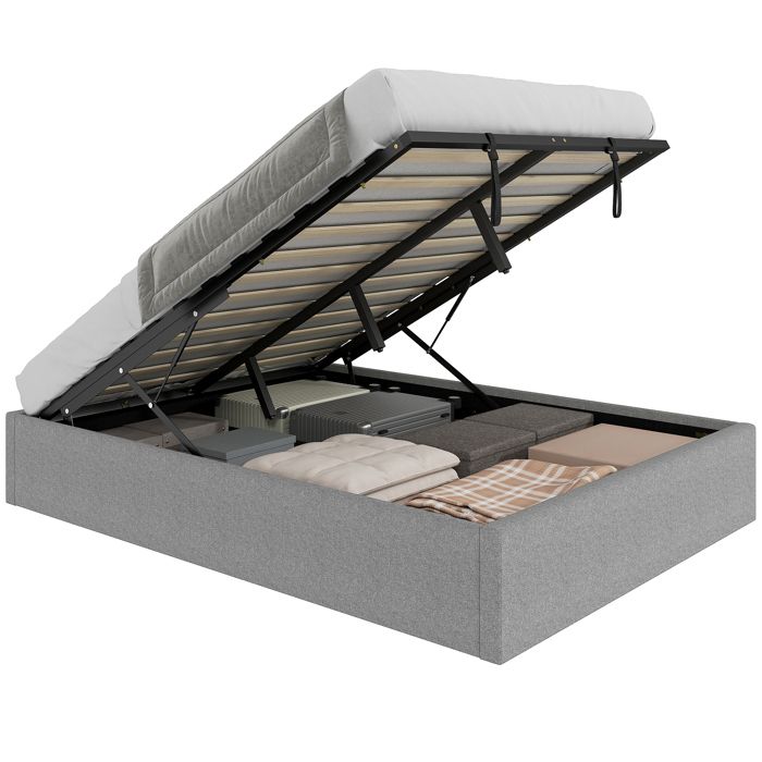 Lit coffre - HOMCOM - 140 x 190 cm - cadre de lit double rembourré sommier à lattes en bois rangement caché sans bruit - gris Lit coffre - HOMCOM - 140 x 190 cm - cadre de lit double rembourré sommier à lattes en bois rangement caché sans bruit - gris