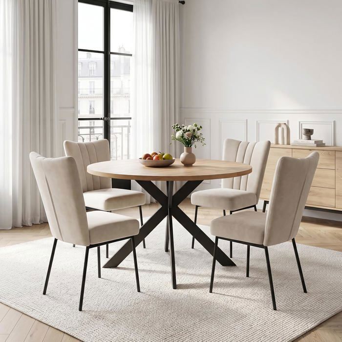 JIEXI Ensemble table de salle à manger ronde et 4 chaises plateau aspect chêne avec pieds en métal assise tapissée de flanelle